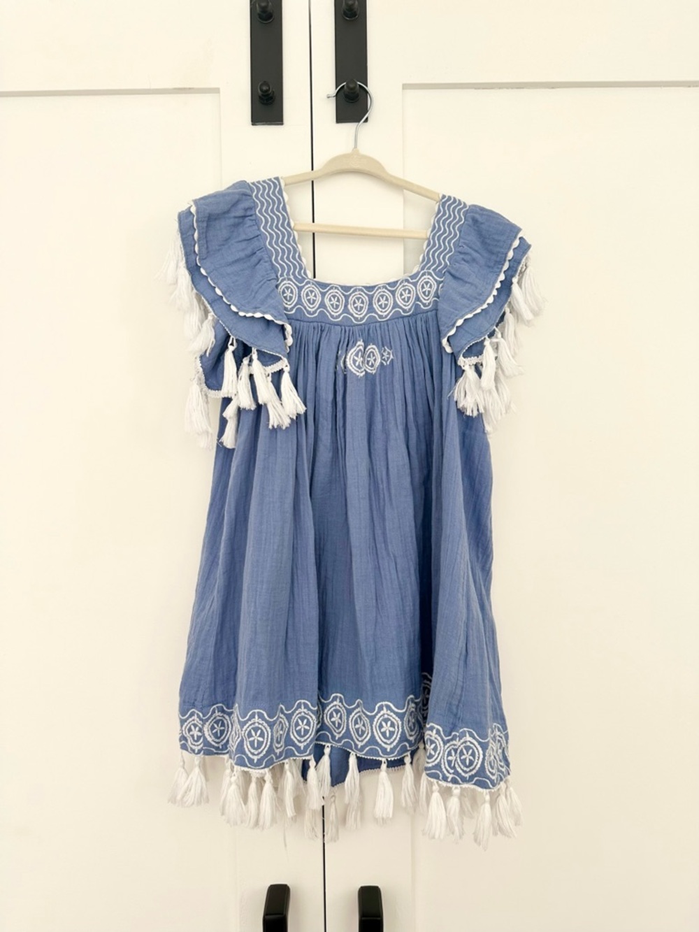 Mer St Barth Girls' Blue Tassel-Trim Casual Dress with Embroidery